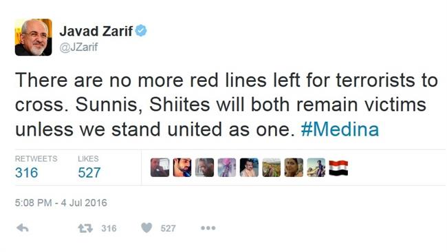 ظریف: تروریست‌ها از همه خطوط قرمز عبور کرده‌اند