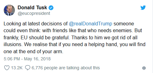 رییس شورای اروپا: با وجود دوستانی مثل ترامپ به دشمن نیاز نداریم/ اروپا پشت برجام می ایستد رییس شورای اروپا: با وجود دوستانی مثل ترامپ به دشمن نیاز نداریم/ اروپا پشت برجام می ایستد