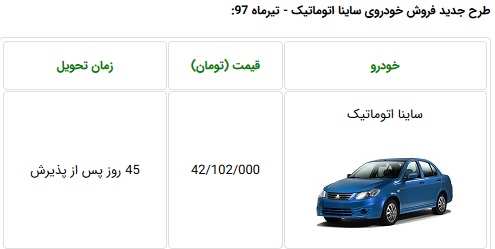 طرح جدید فروش نقدی با تحویل فوری ساینا اتوماتیک  (+جدول)