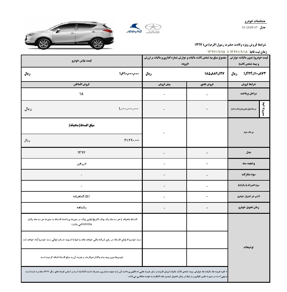 فروش ویژه خودروی جک S3 با شرایط اقساطی و تحویل یکماهه از فردا 5 آذر (+جدول و جزئیات)