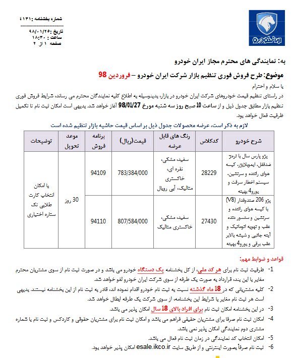 فروش فوری محصولات ایران خودرو در سال 98 از فردا 27 فروردین با عرضه 2 خودرو (+جدول فروش)
