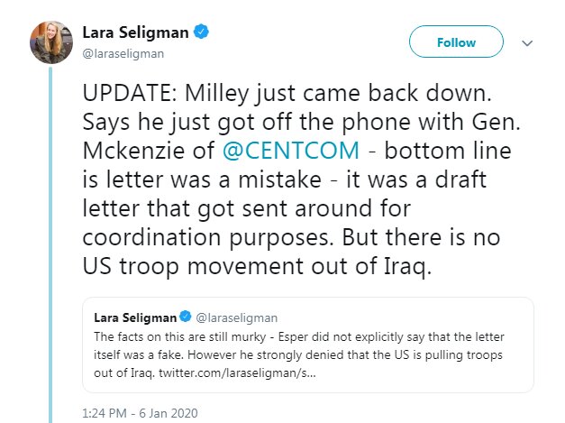 رئیس ستاد مشترک ارتش آمریکا: نامه خروج از عراق نباید منتشر می‌شد