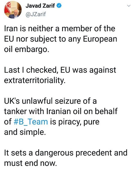 ظریف: اقدام انگلیس علیه نفتکش حامل نفت ایران دزدی دریایی است ظریف: اقدام انگلیس علیه نفتکش حامل نفت ایران دزدی دریایی است
