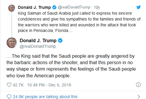 عذرخواهی تلفنی پادشاه سعودی از ترامپ به خاطر تیراندازی نظامی سعودی در آمریکا