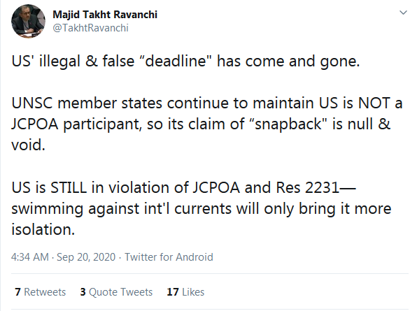 تختروانچی: ادعای آمریکا مبنی بر فعالسازی مکانیسم ماشه باطل و پوچ است تختروانچی: ادعای آمریکا مبنی بر فعالسازی مکانیسم ماشه باطل و پوچ است