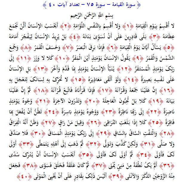 سوره های قرآن/ سوره قيامت (متن، ترجمه و فایل صوتی)